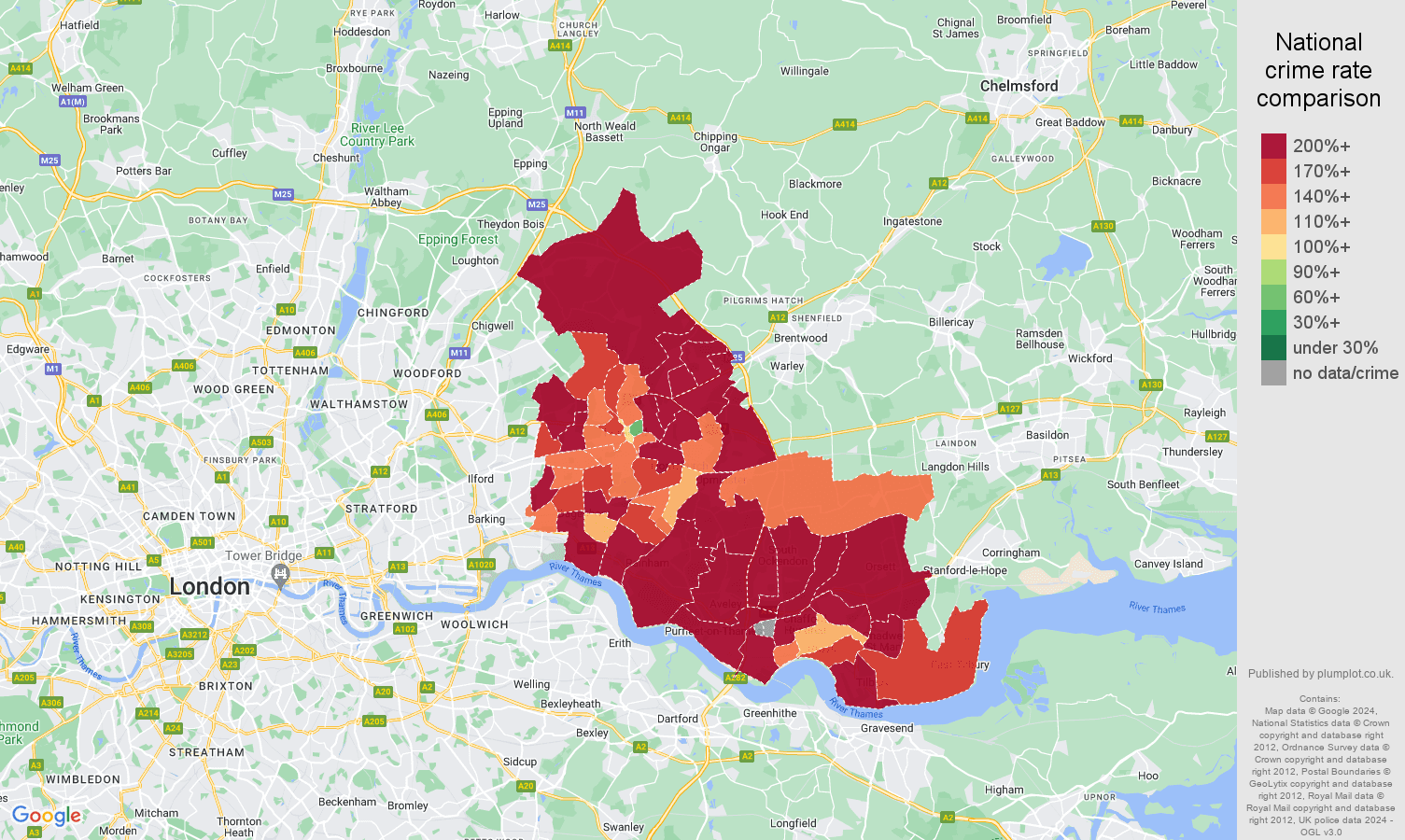 Romford vehicle crime rate comparison map