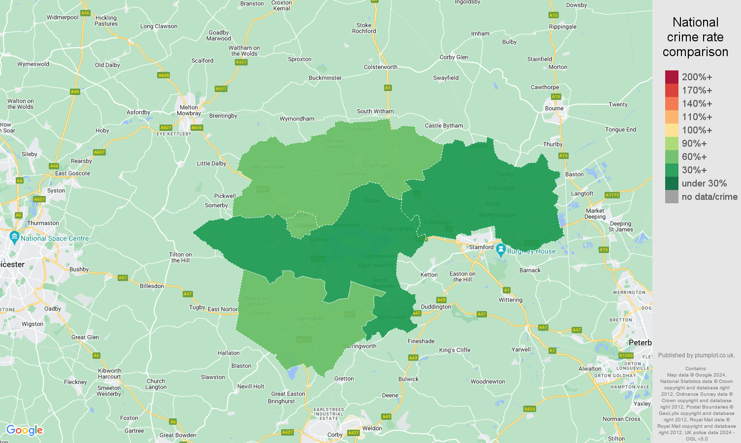 Rutland criminal damage and arson crime rate comparison map