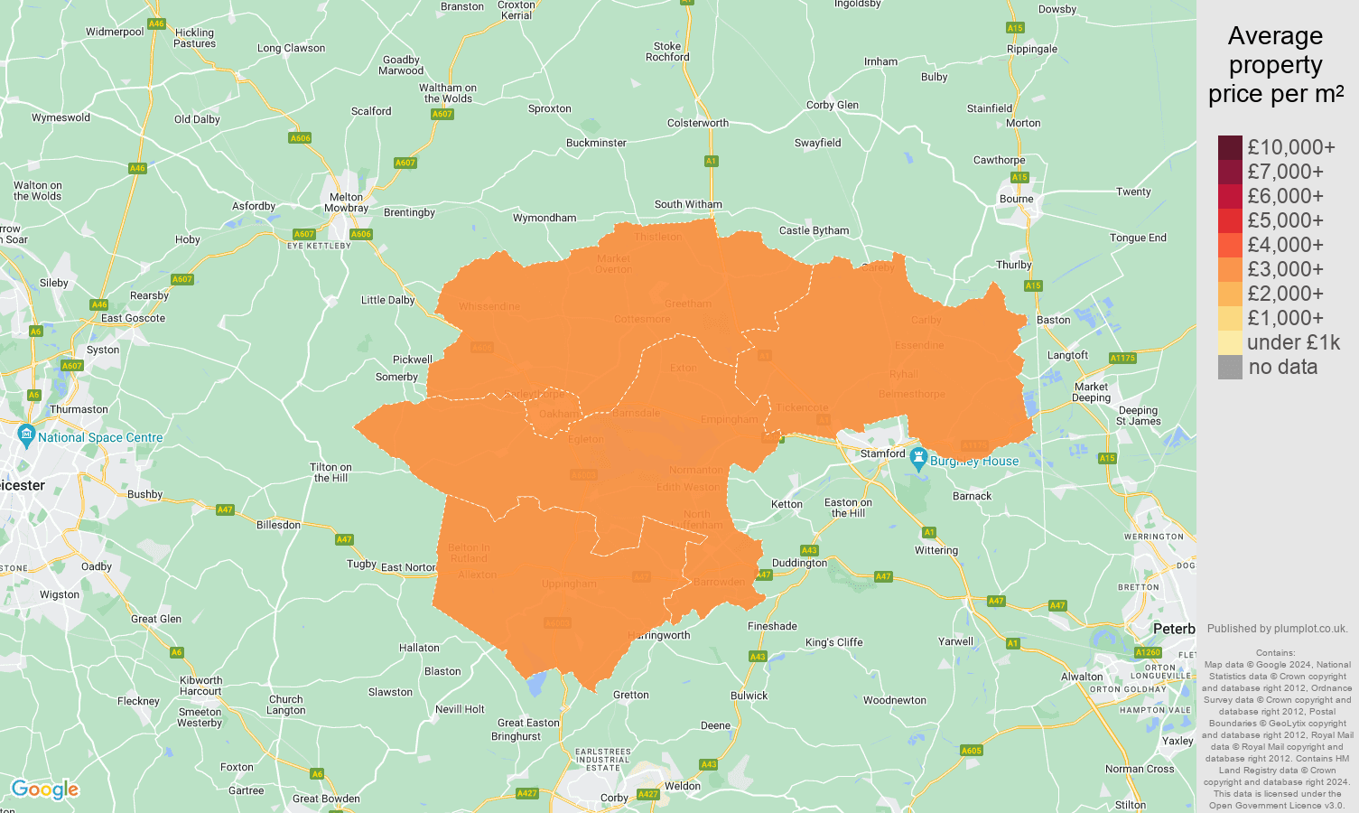 Rutland house prices per square metre map