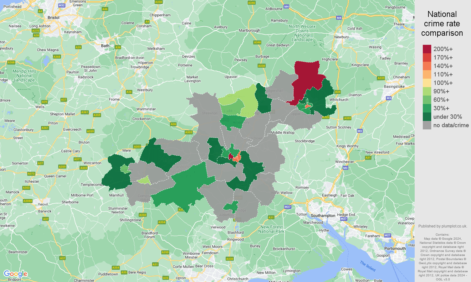 Salisbury bicycle theft crime rate comparison map