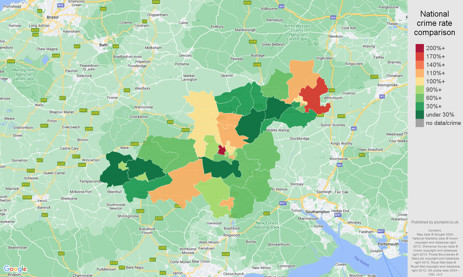 Salisbury criminal damage and arson crime rate comparison map