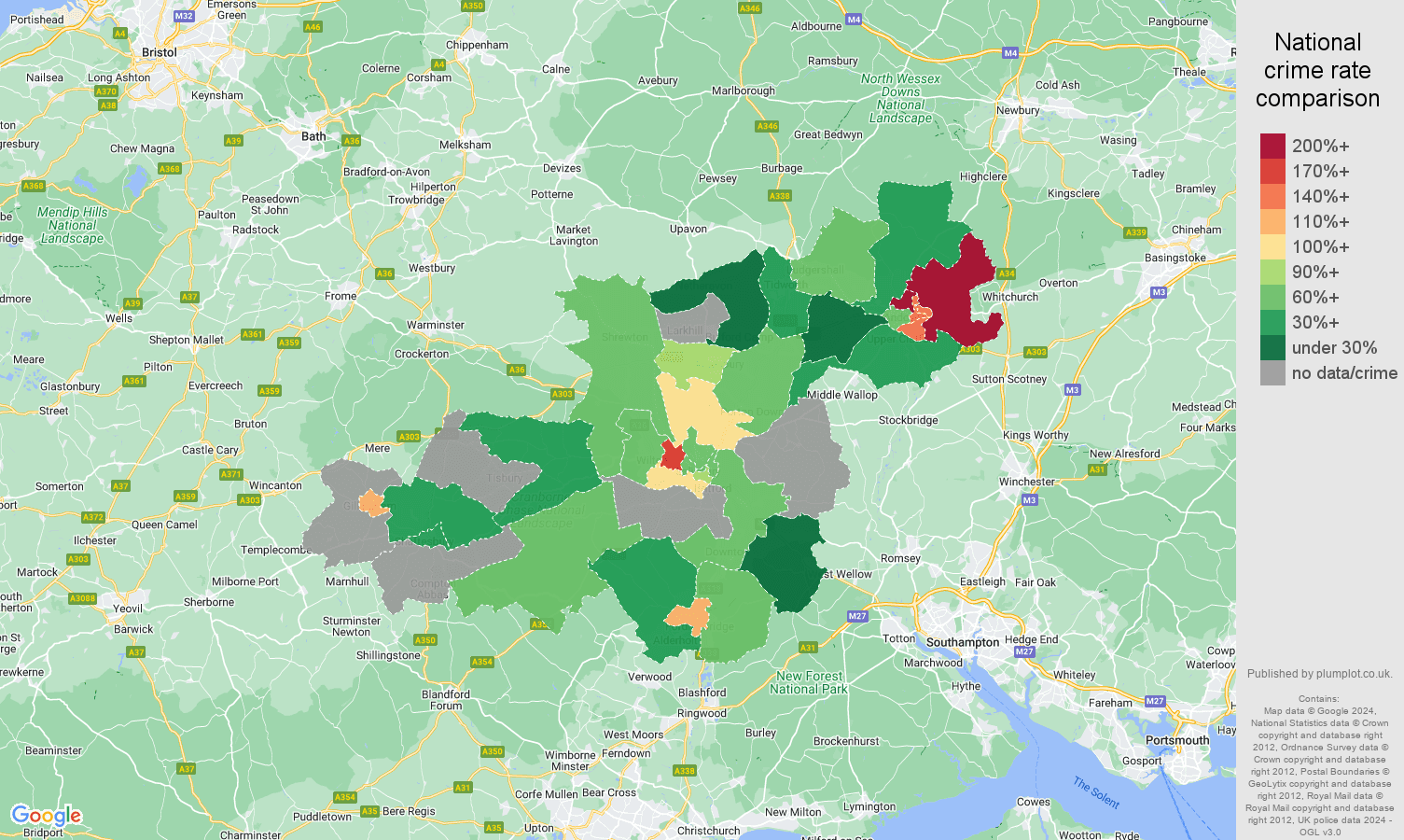 Salisbury possession of weapons crime rate comparison map