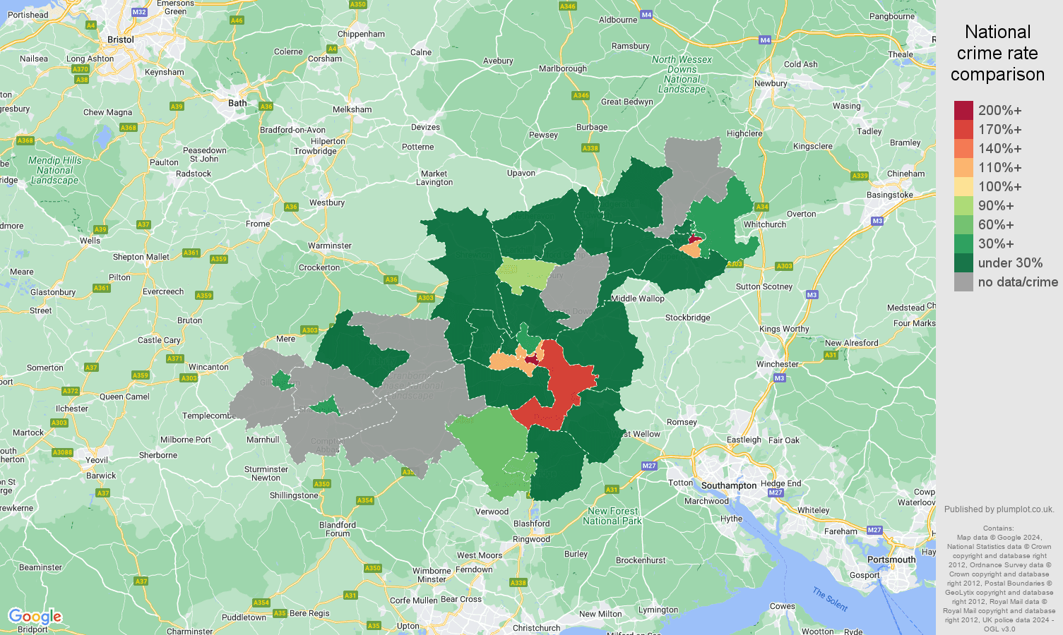 Salisbury shoplifting crime rate comparison map