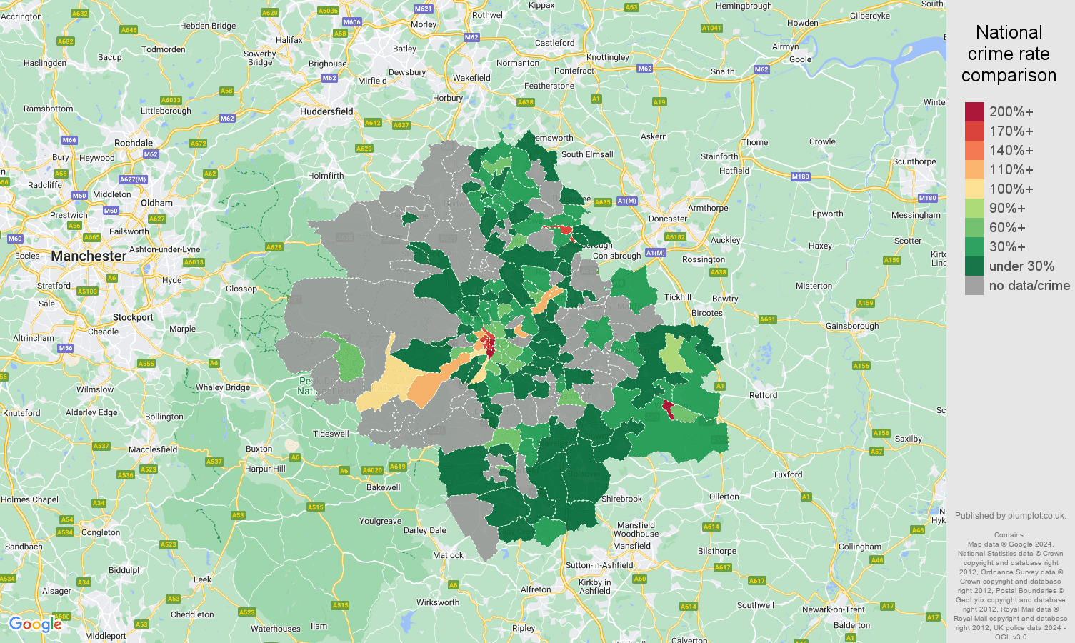 Sheffield bicycle theft crime rate comparison map