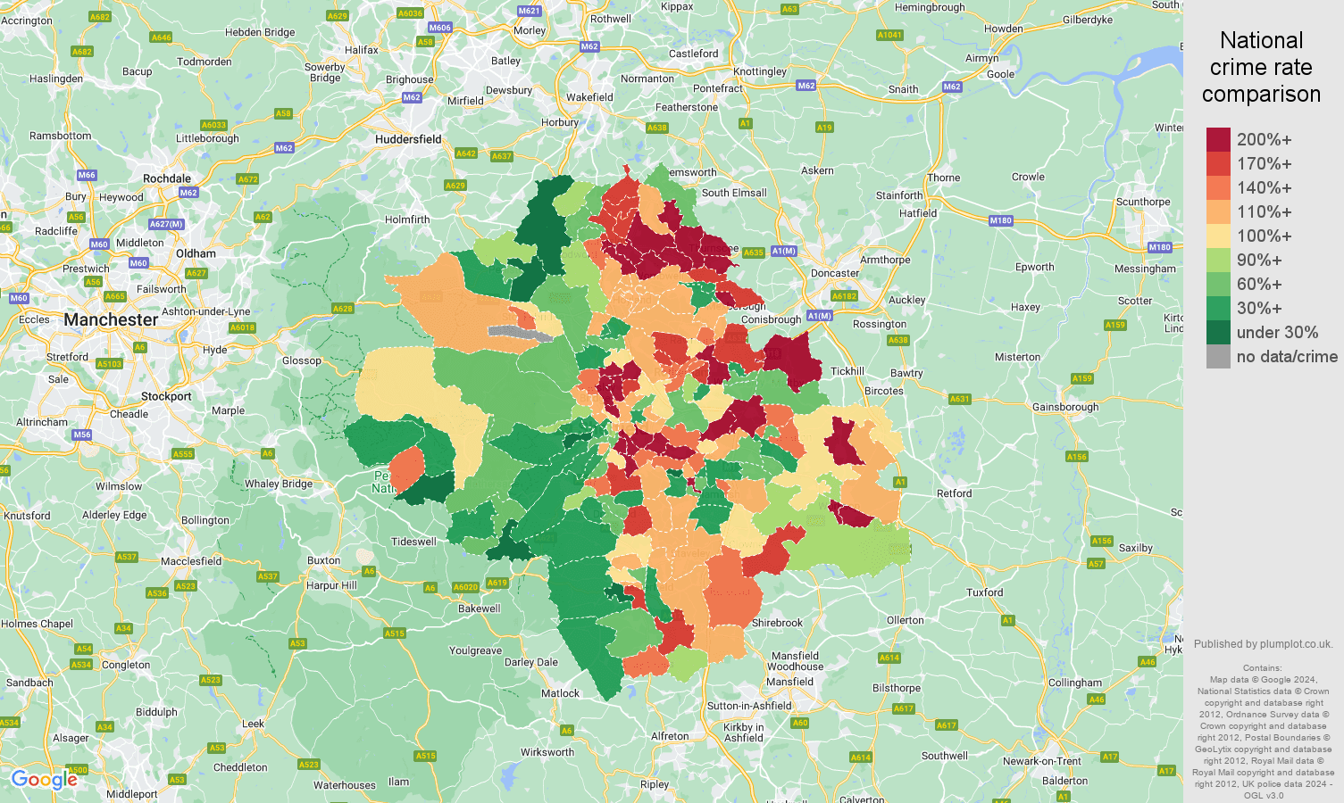 Sheffield criminal damage and arson crime rate comparison map