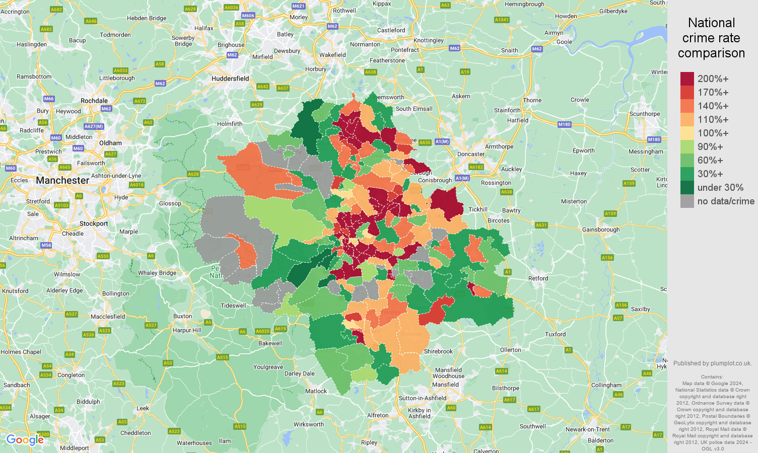 Sheffield possession of weapons crime rate comparison map