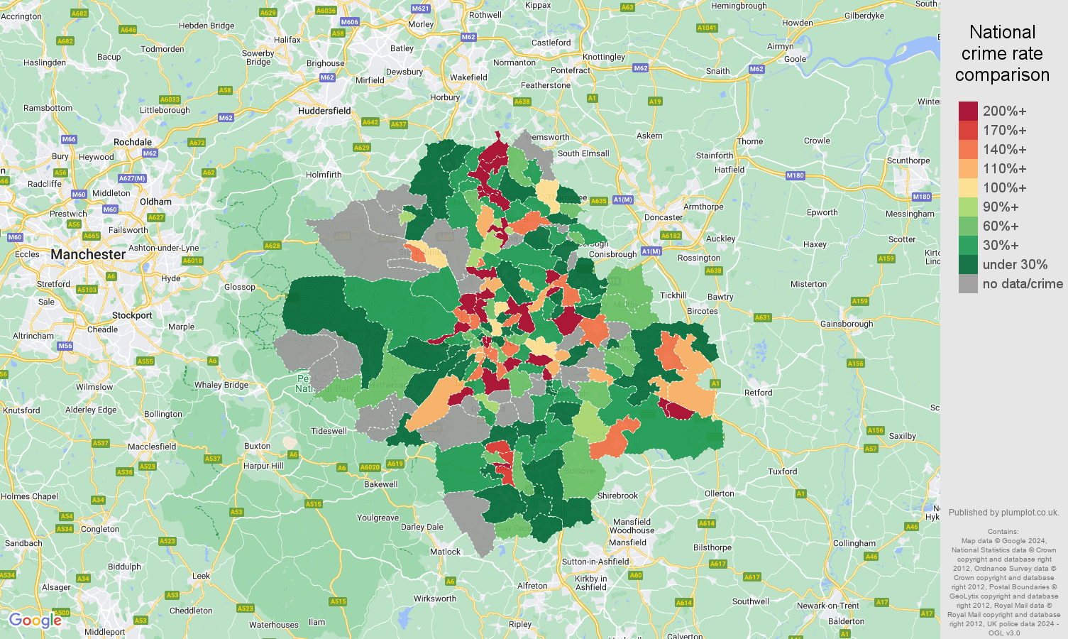 Sheffield shoplifting crime rate comparison map