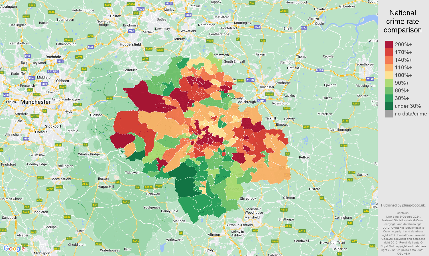 Sheffield vehicle crime rate comparison map