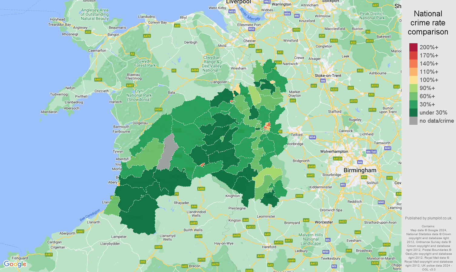 Shrewsbury criminal damage and arson crime rate comparison map
