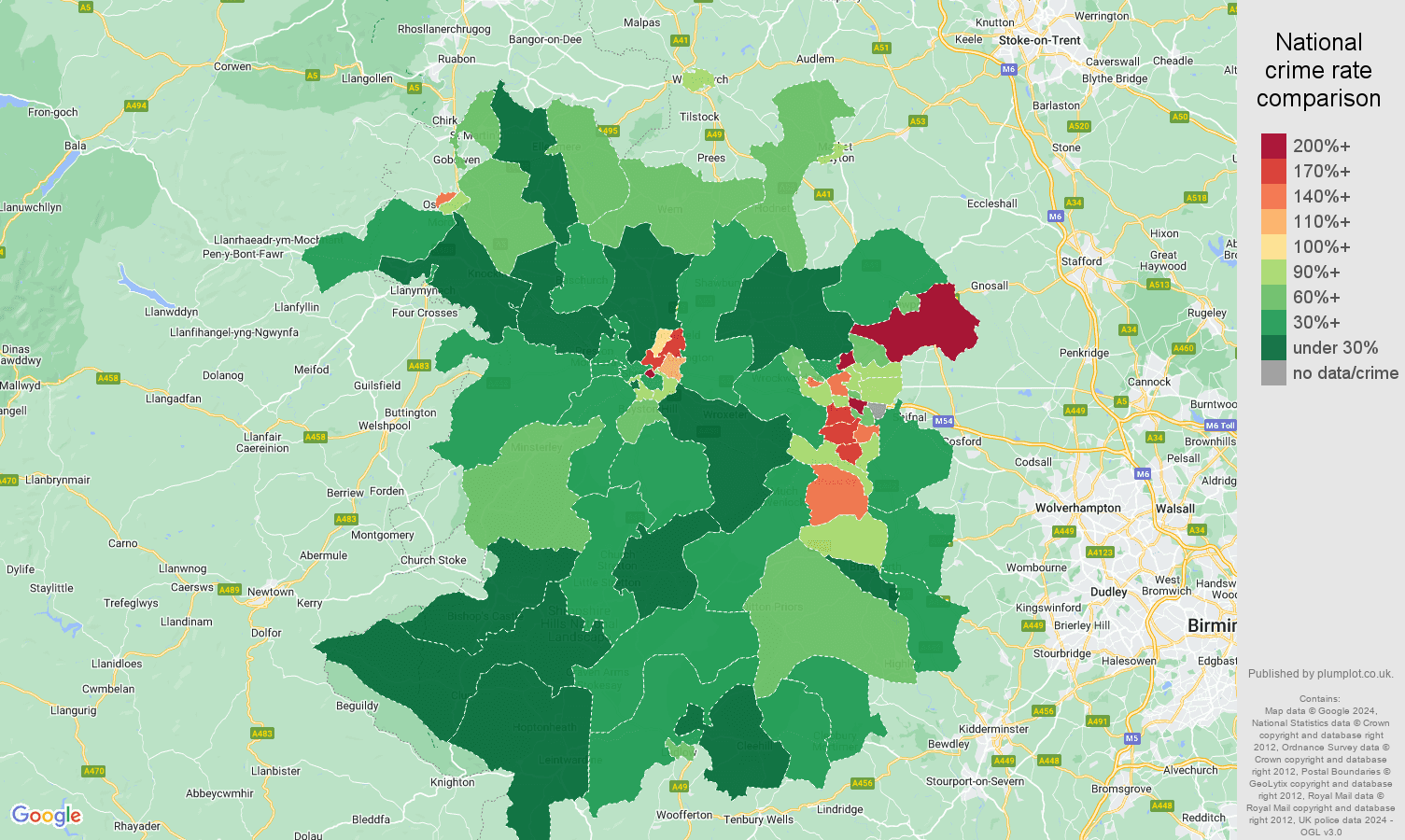 Shropshire antisocial behaviour crime rate comparison map