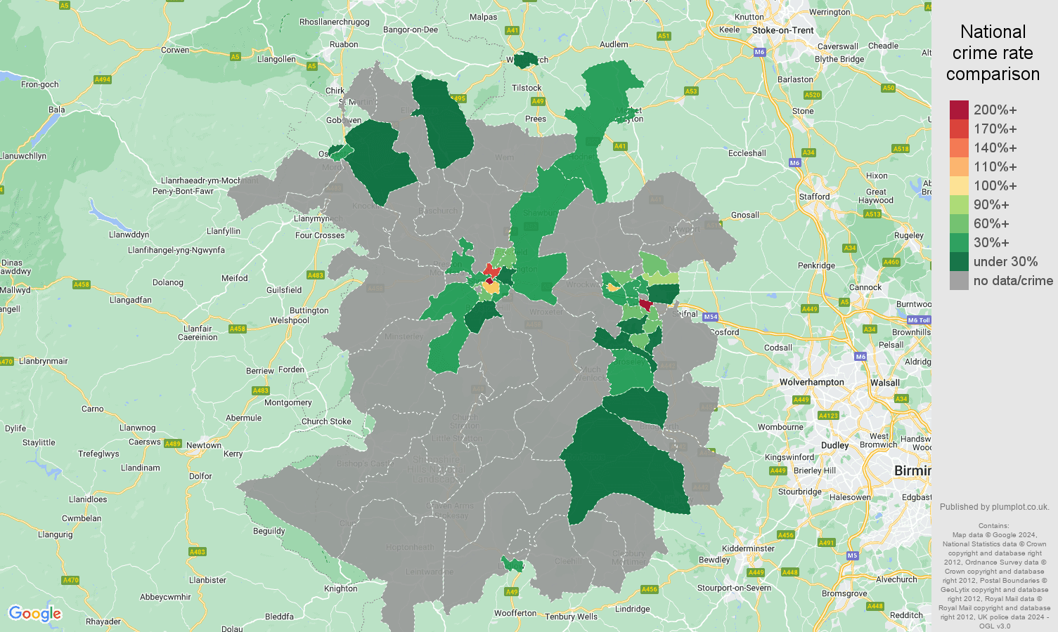Shropshire bicycle theft crime rate comparison map