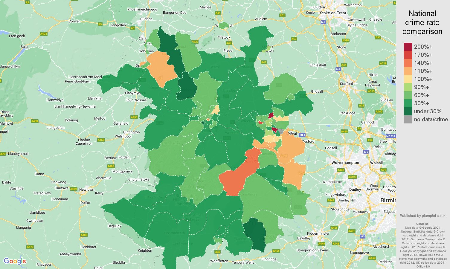Shropshire other theft crime rate comparison map