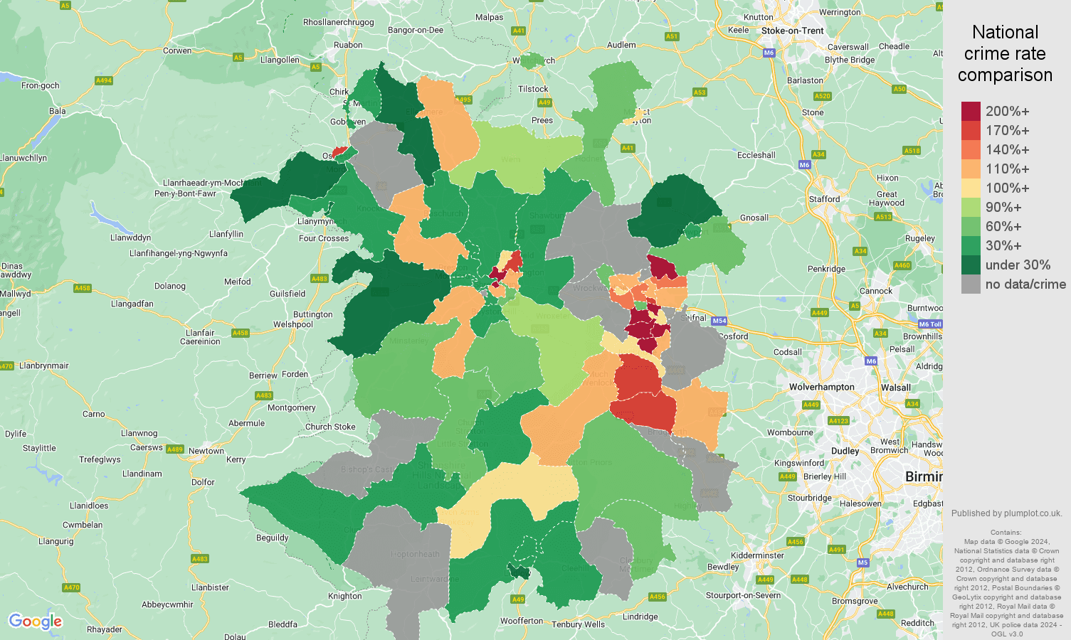 Shropshire possession of weapons crime rate comparison map