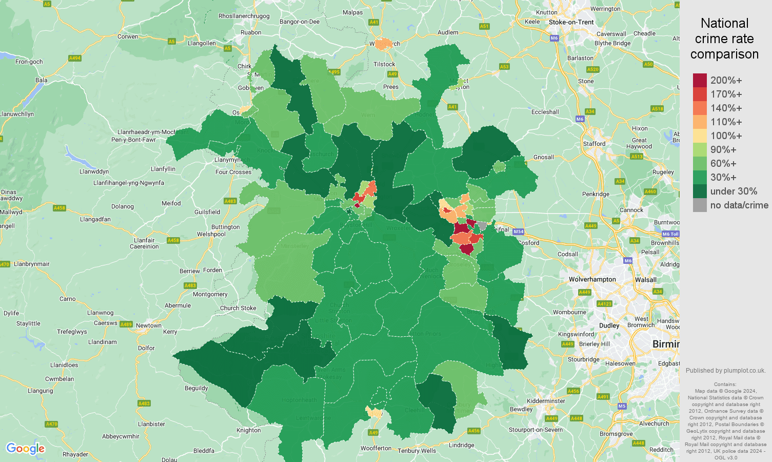 Shropshire public order crime rate comparison map