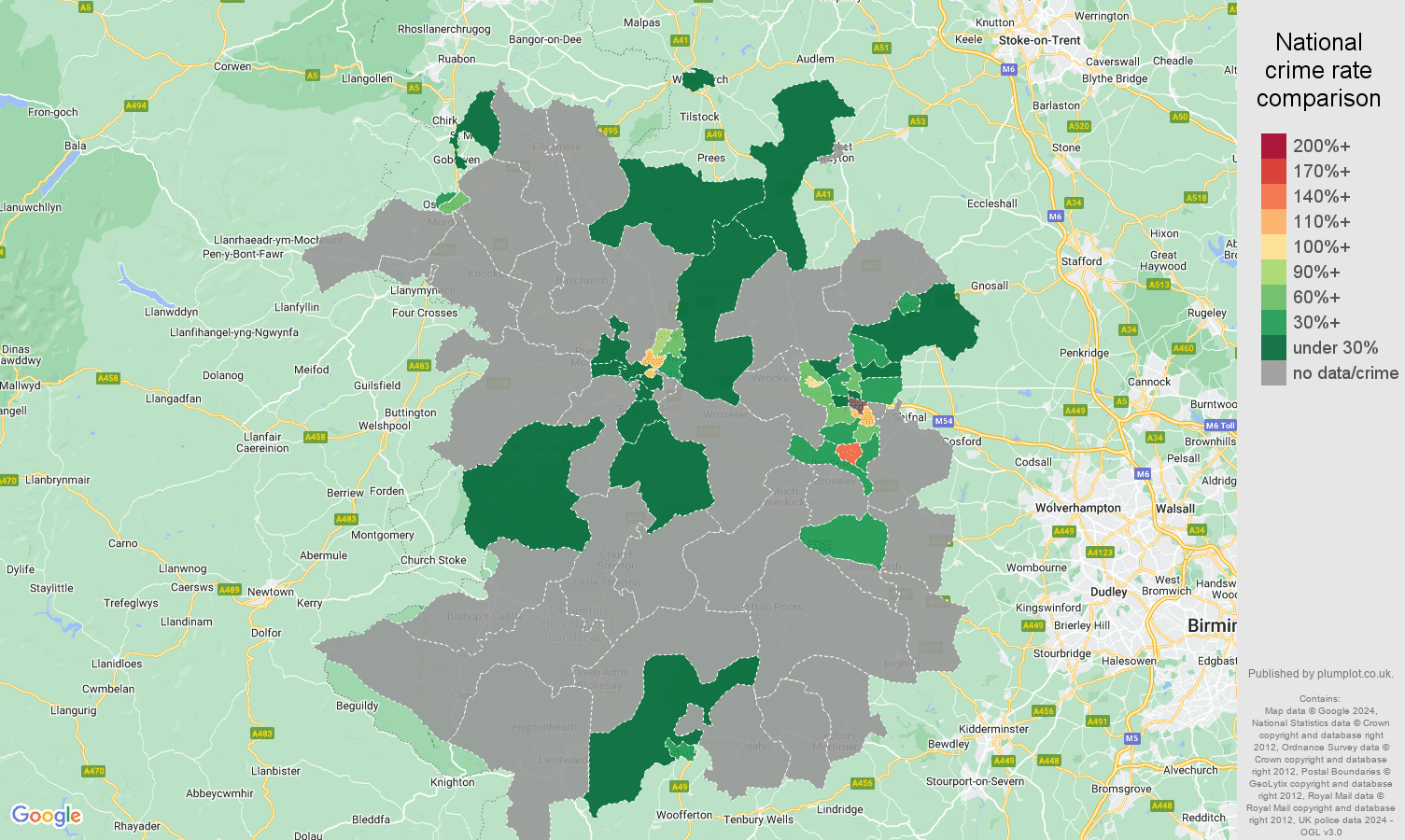 Shropshire robbery crime rate comparison map
