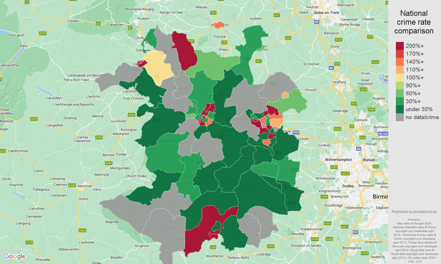 Shropshire shoplifting crime rate comparison map