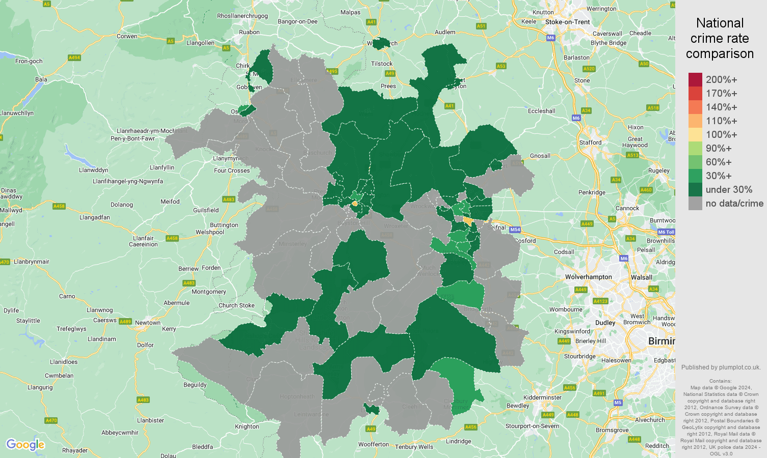 Shropshire theft from the person crime rate comparison map