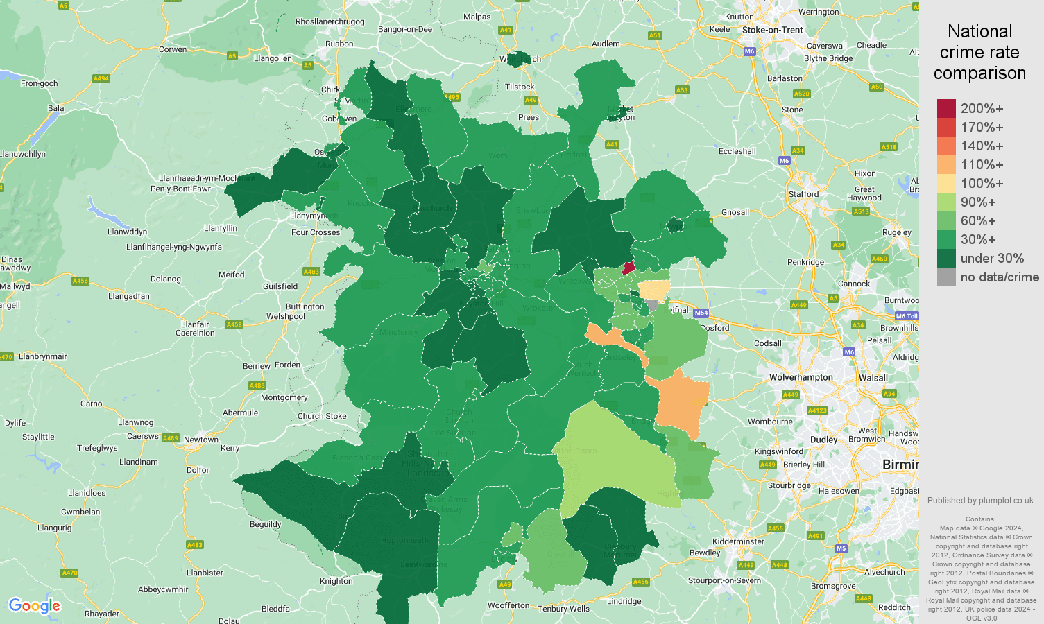 Shropshire vehicle crime rate comparison map