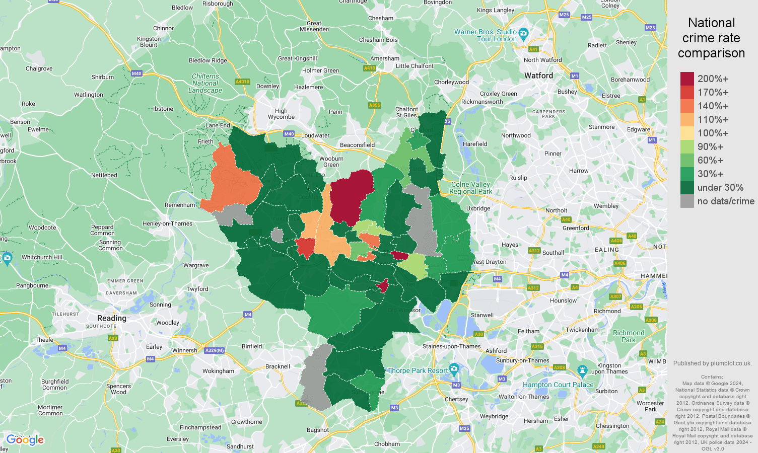Slough shoplifting crime rate comparison map