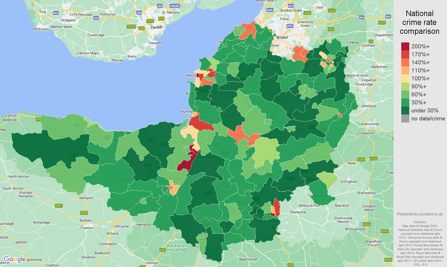 Somerset antisocial behaviour crime rate comparison map