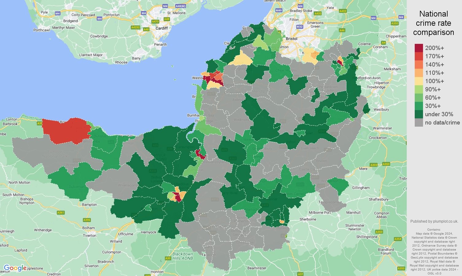 Somerset bicycle theft crime rate comparison map