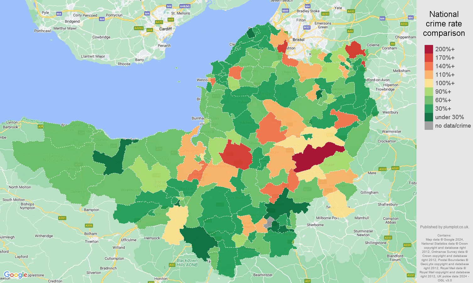 Somerset burglary crime rate comparison map