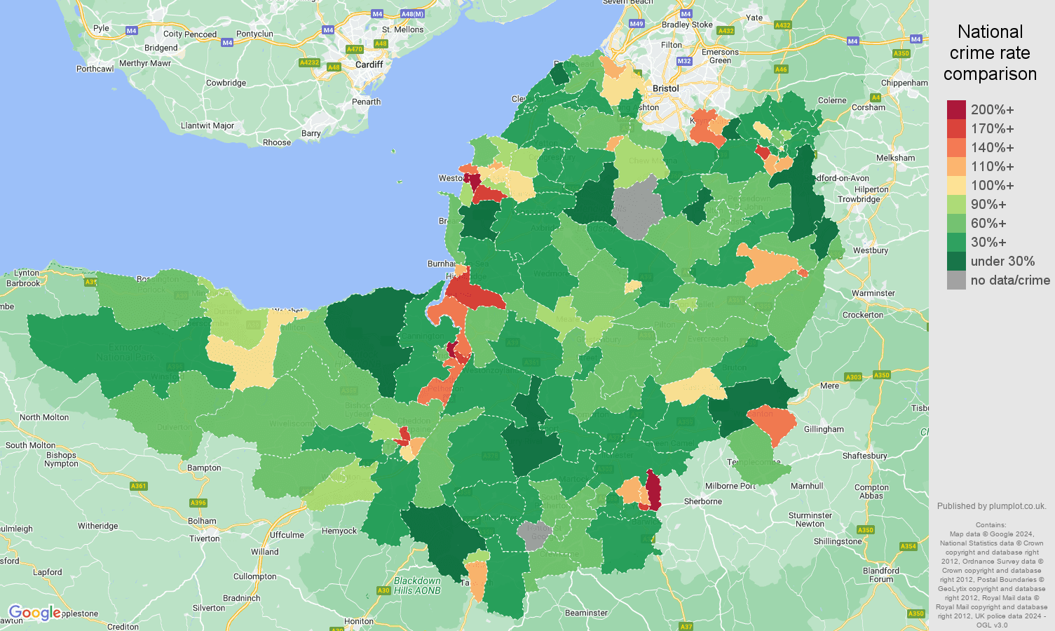 Somerset criminal damage and arson crime rate comparison map