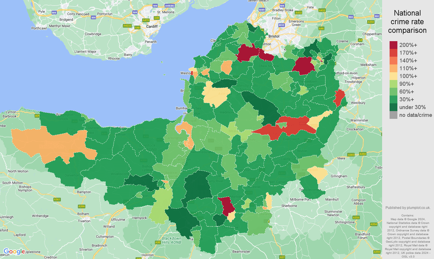 Somerset other theft crime rate comparison map