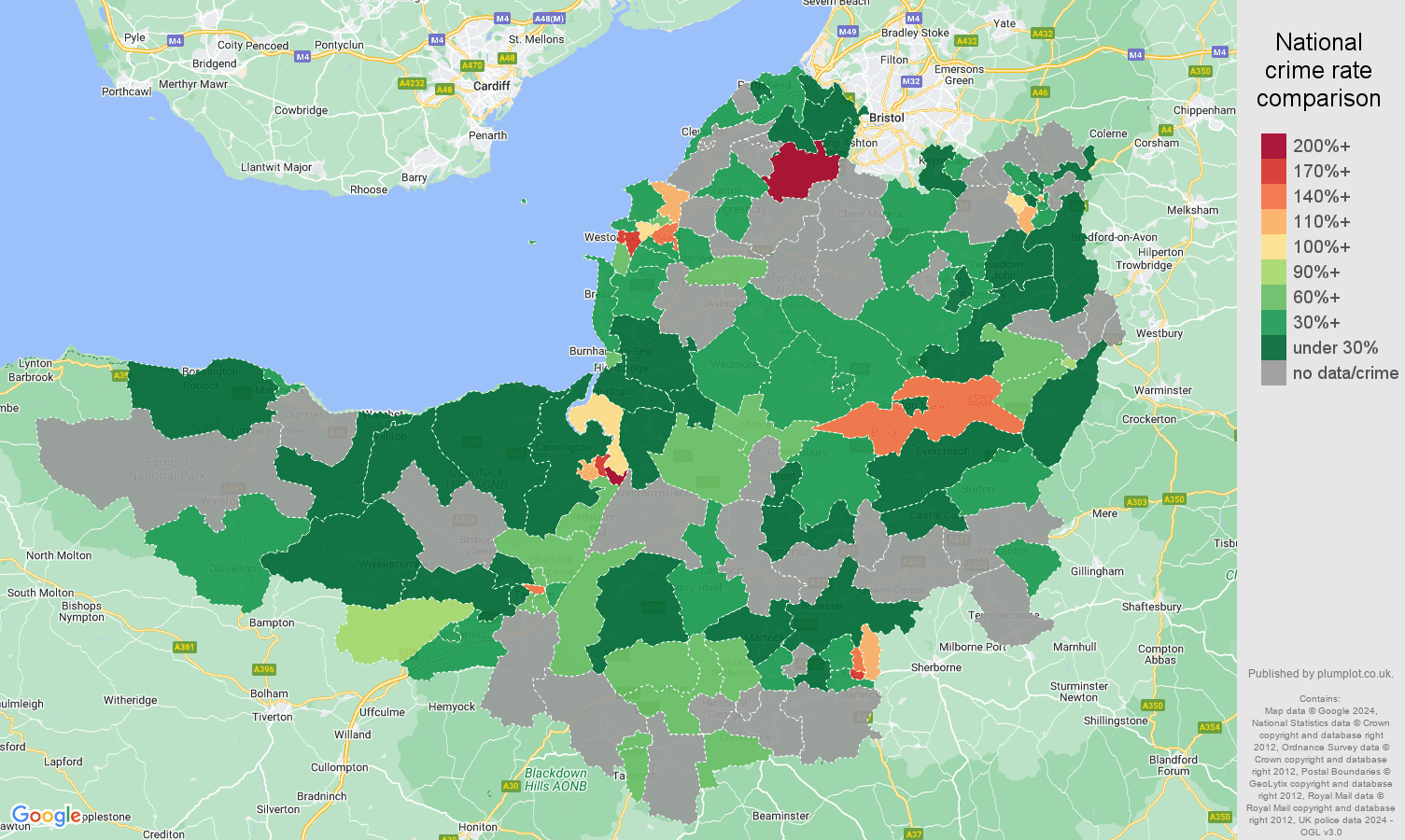 Somerset possession of weapons crime rate comparison map
