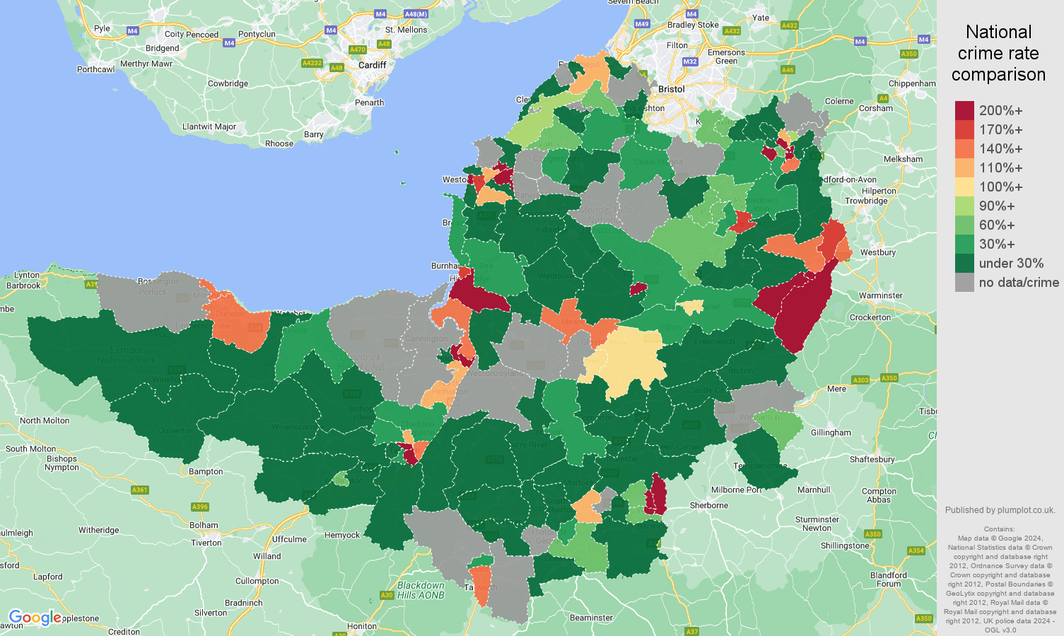 Somerset shoplifting crime rate comparison map