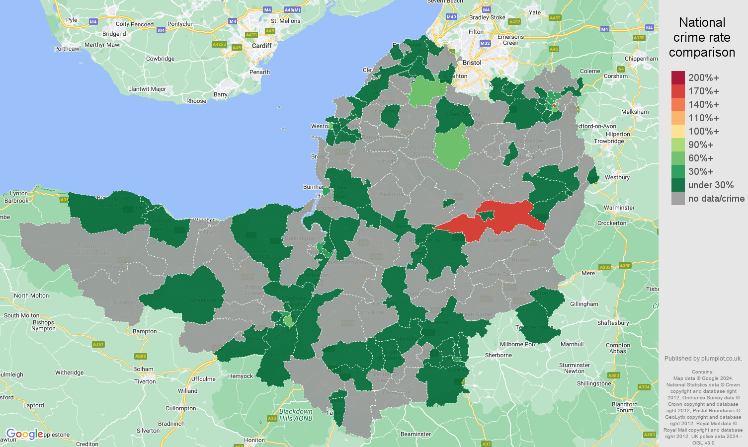 Somerset theft from the person crime rate comparison map