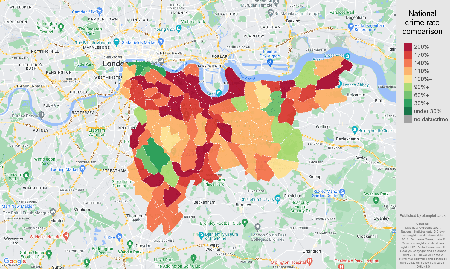 South East London antisocial behaviour crime rate comparison map