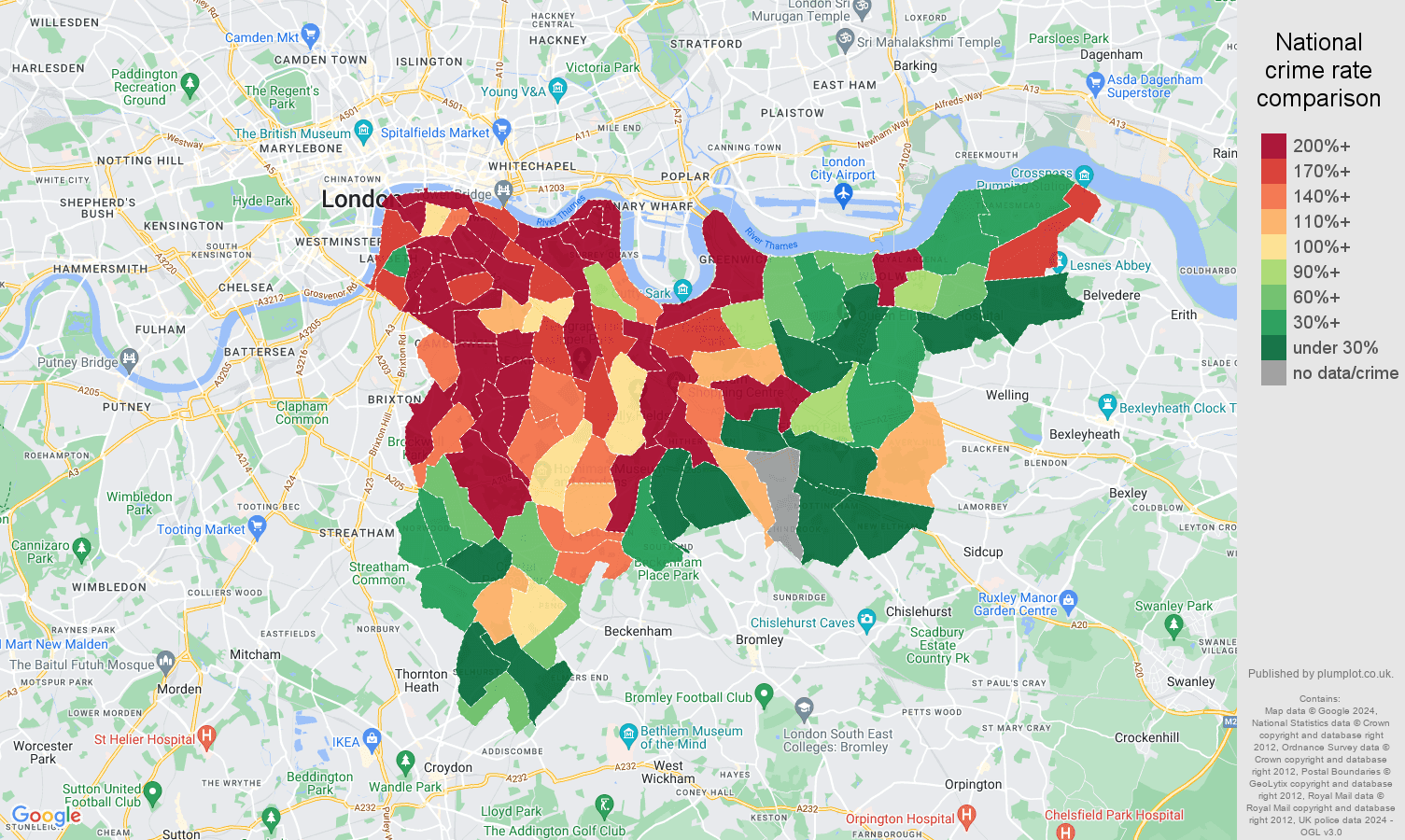 South East London bicycle theft crime rate comparison map