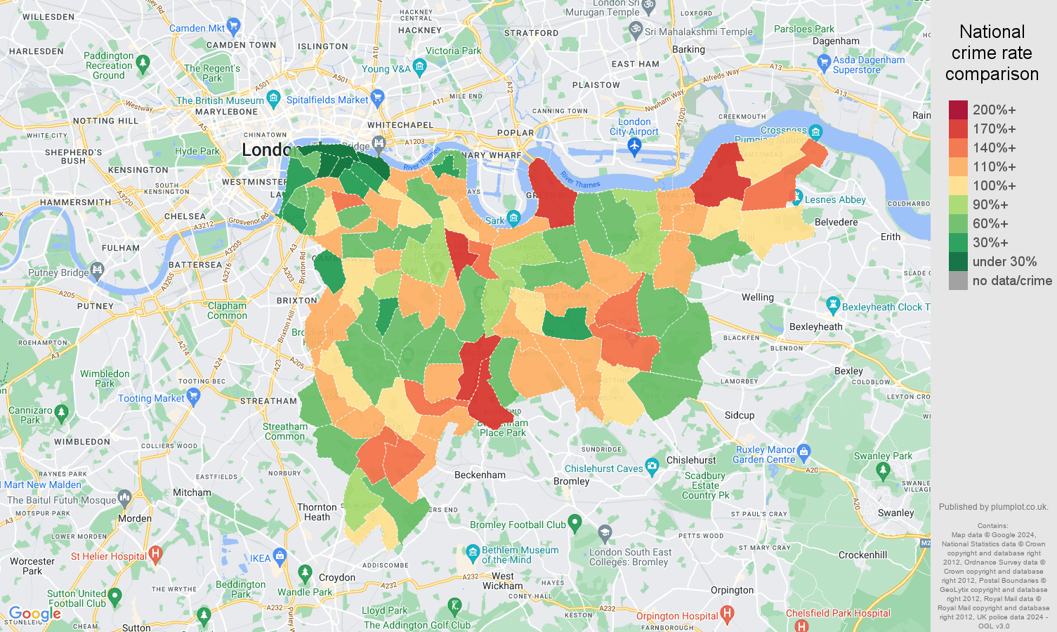 South East London criminal damage and arson crime rate comparison map