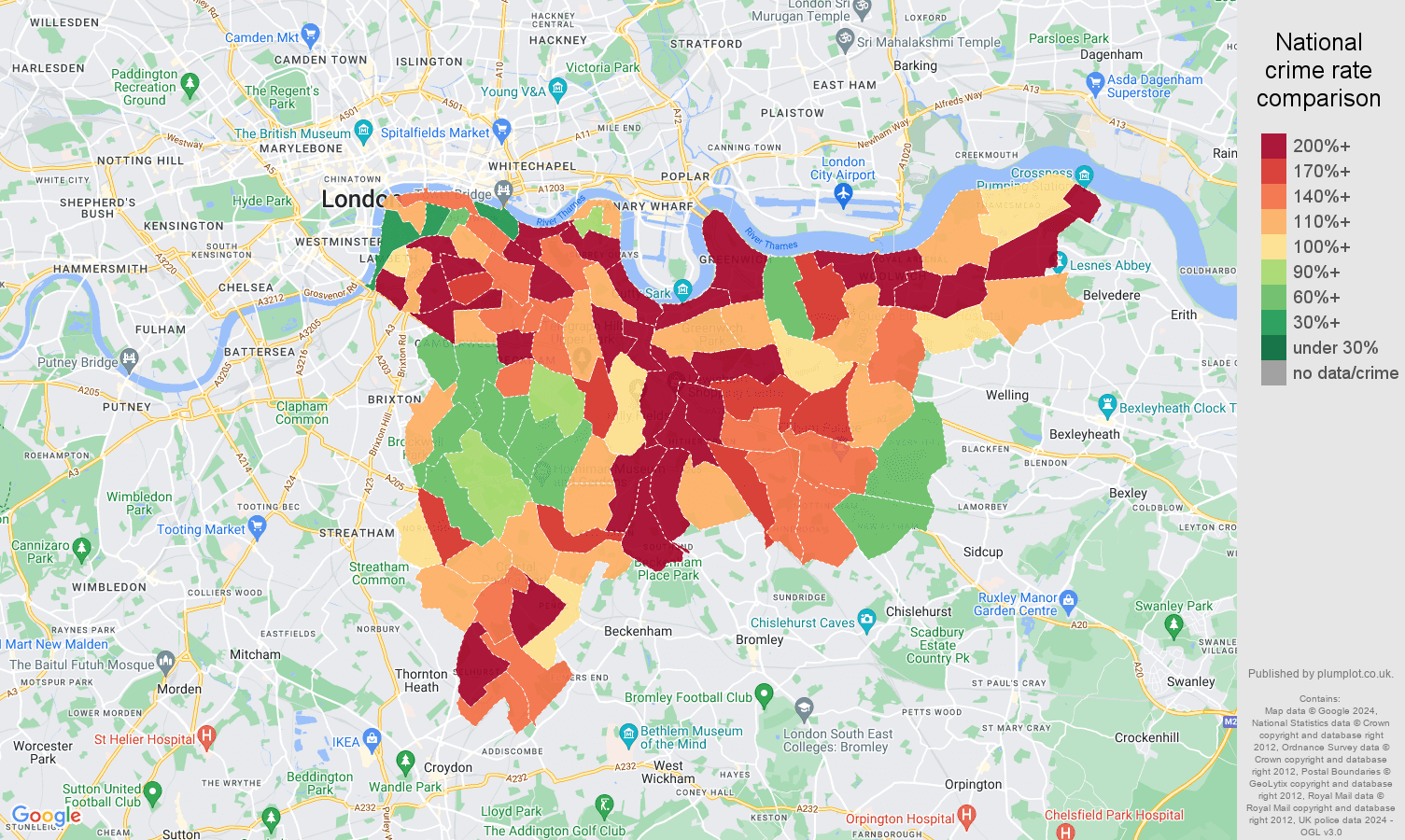 South East London drugs crime rate comparison map