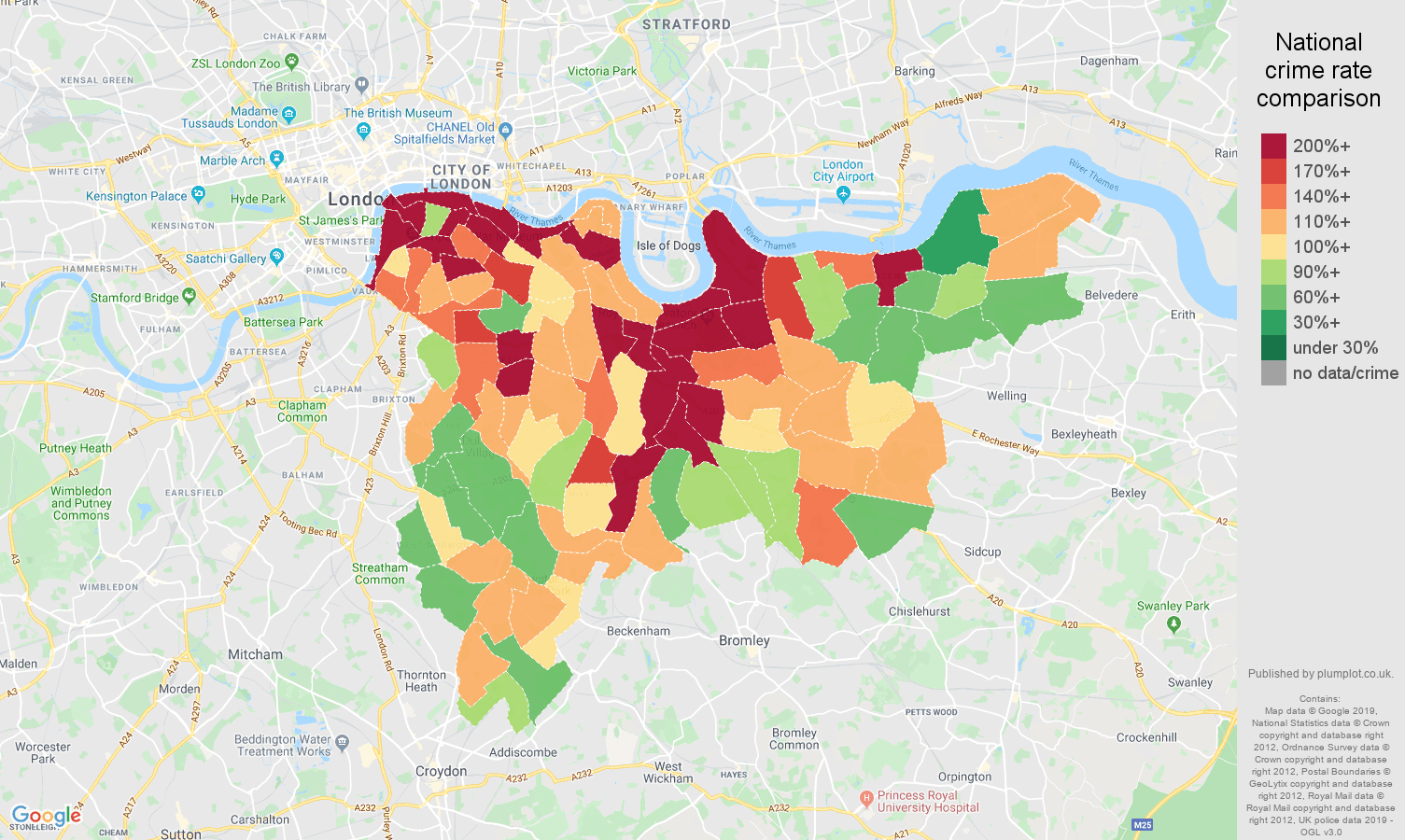 South East London other theft crime rate comparison map