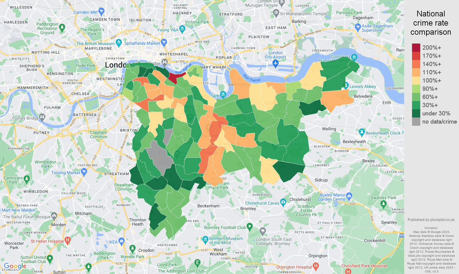 South East London possession of weapons crime rate comparison map