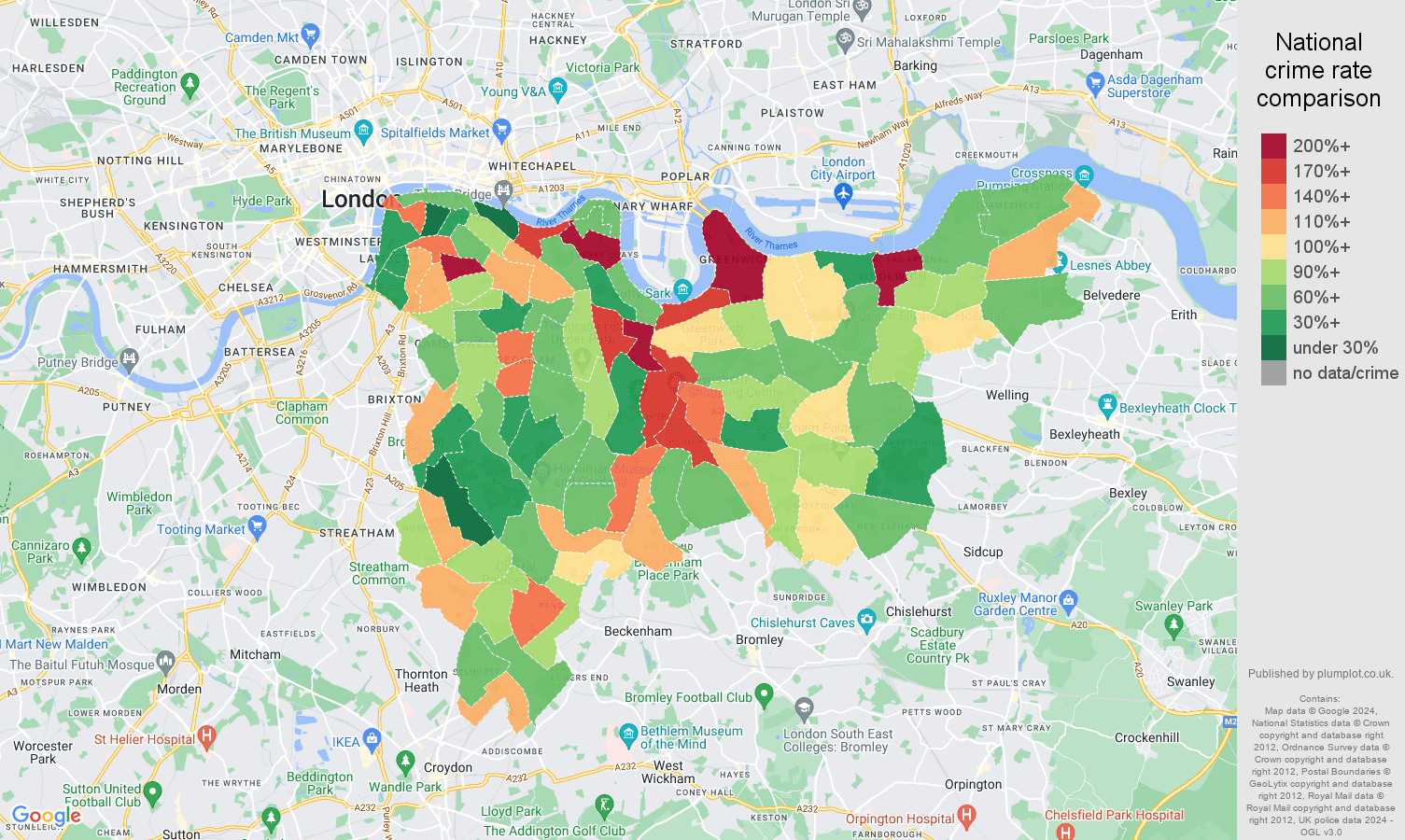 South East London public order crime rate comparison map