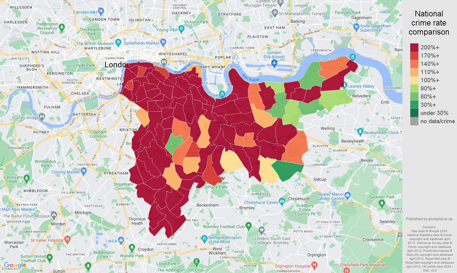 South East London robbery crime rate comparison map