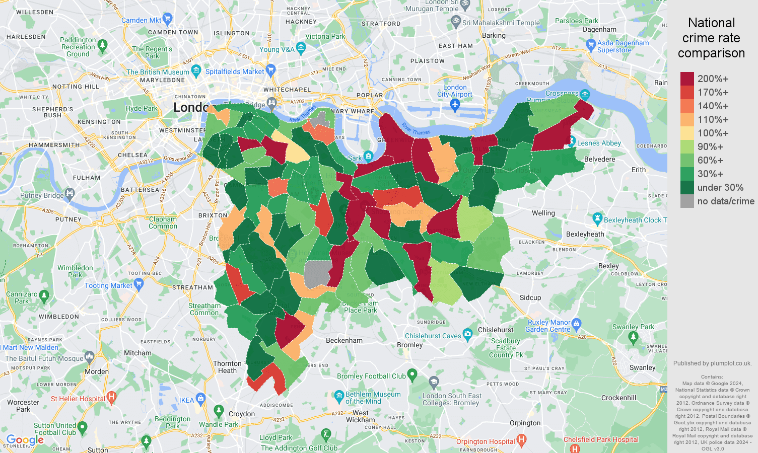 South East London shoplifting crime rate comparison map
