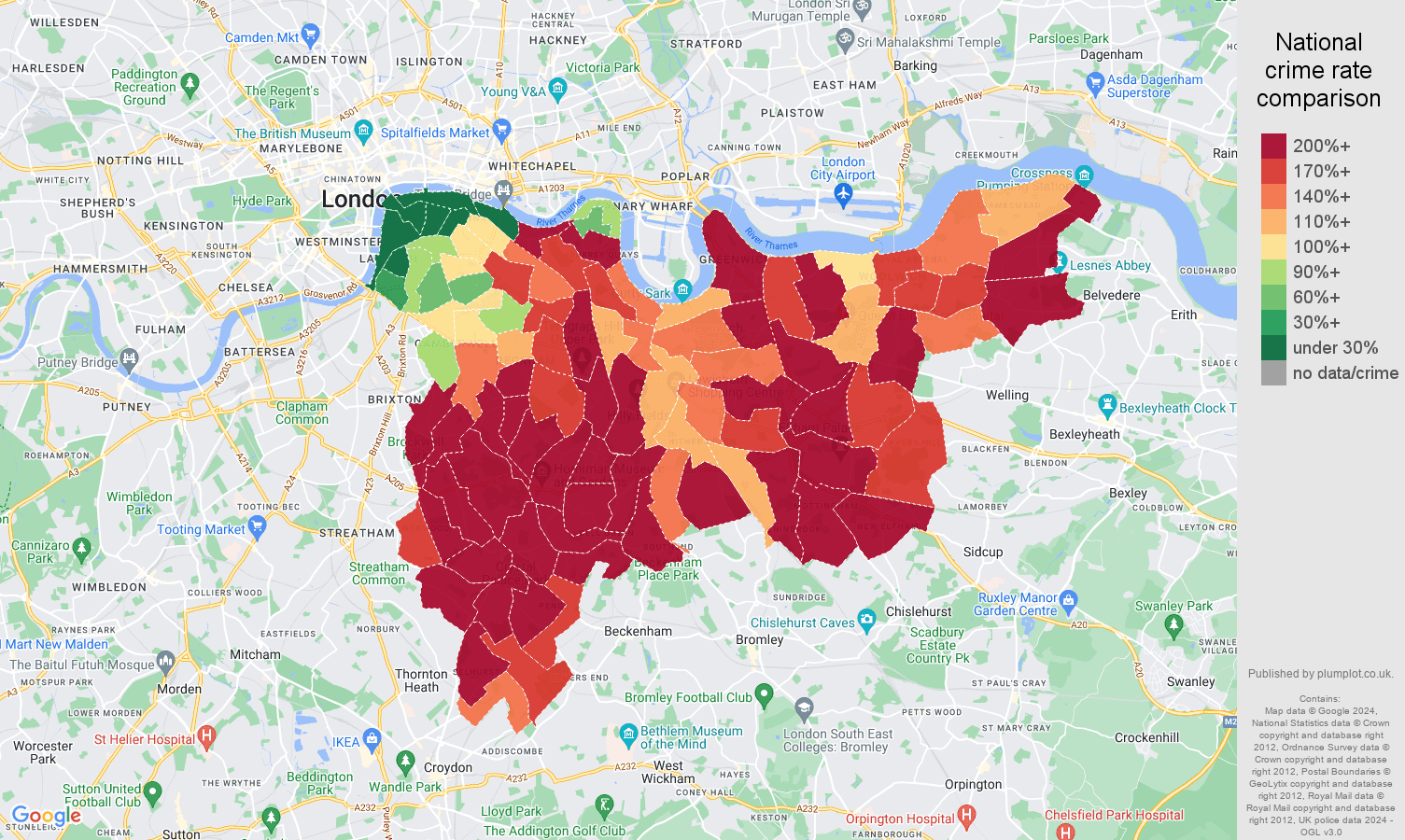South East London vehicle crime rate comparison map
