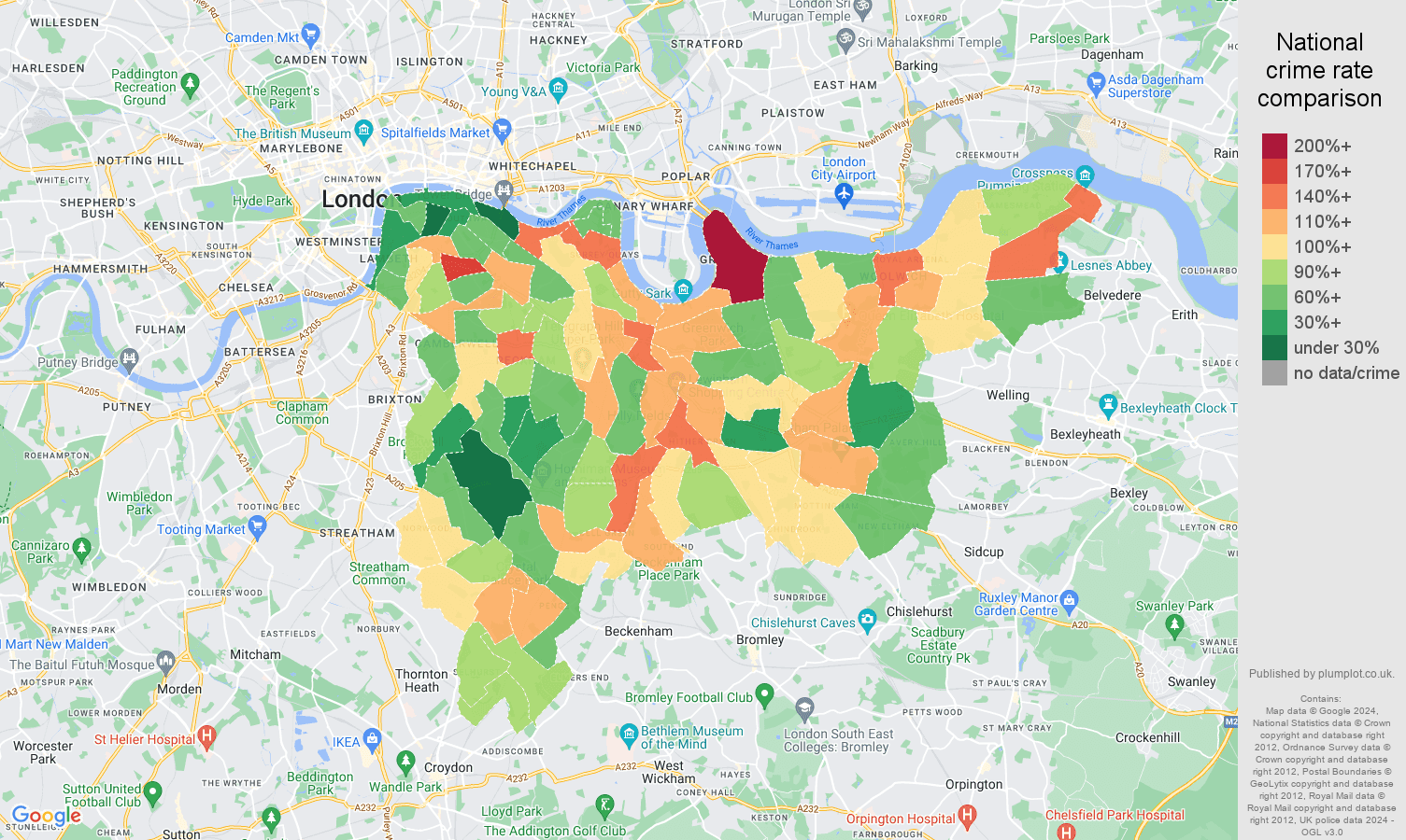 South East London violent crime rate comparison map
