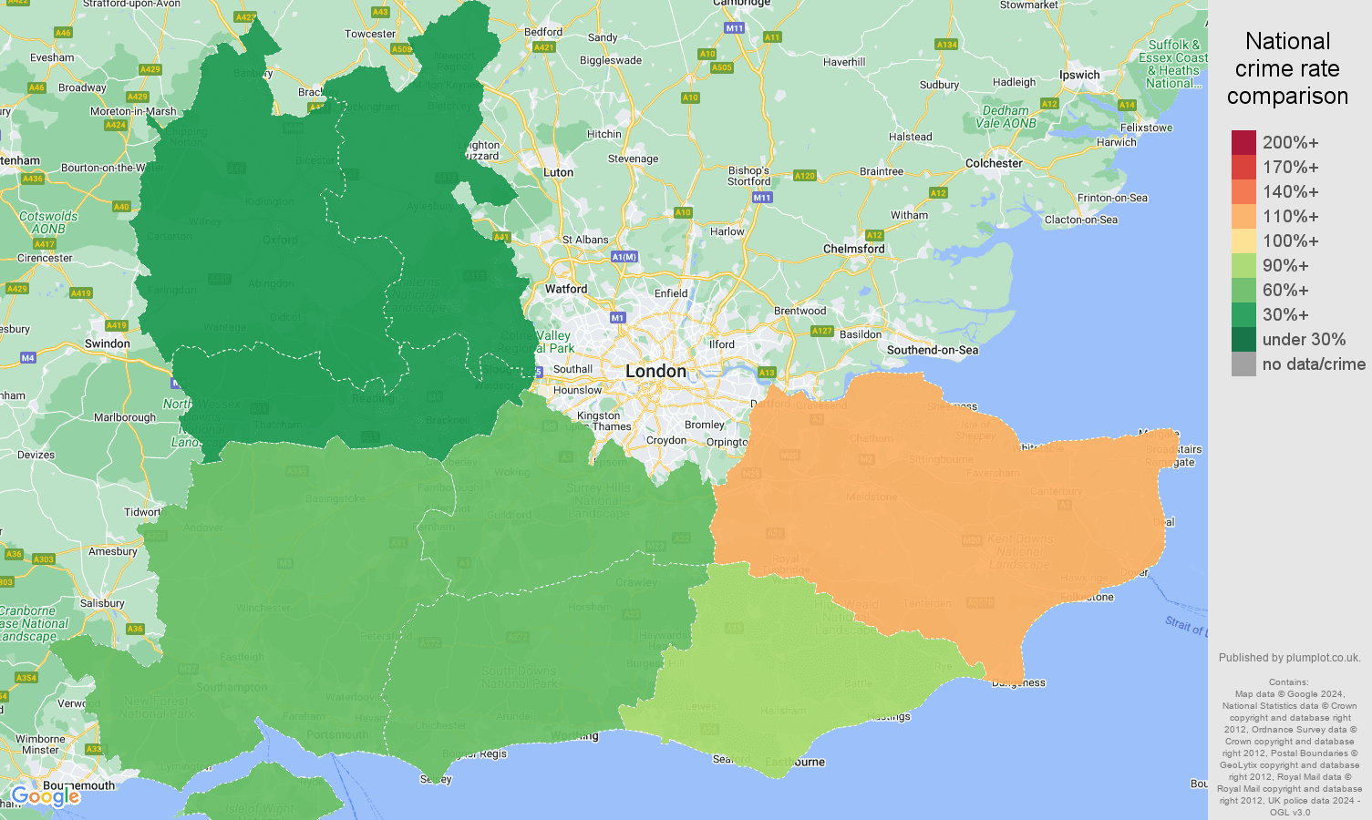 South East antisocial behaviour crime rate comparison map