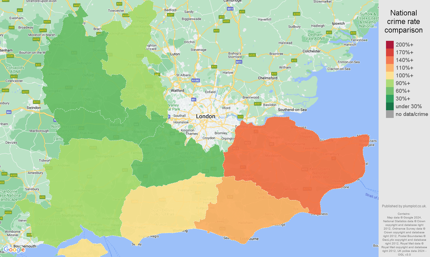 South East criminal damage and arson crime rate comparison map