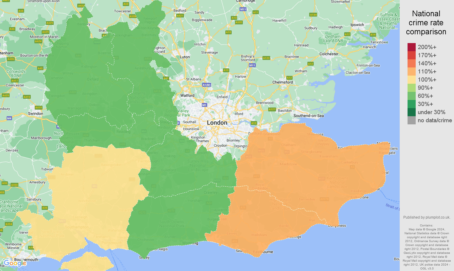 South East drugs crime rate comparison map