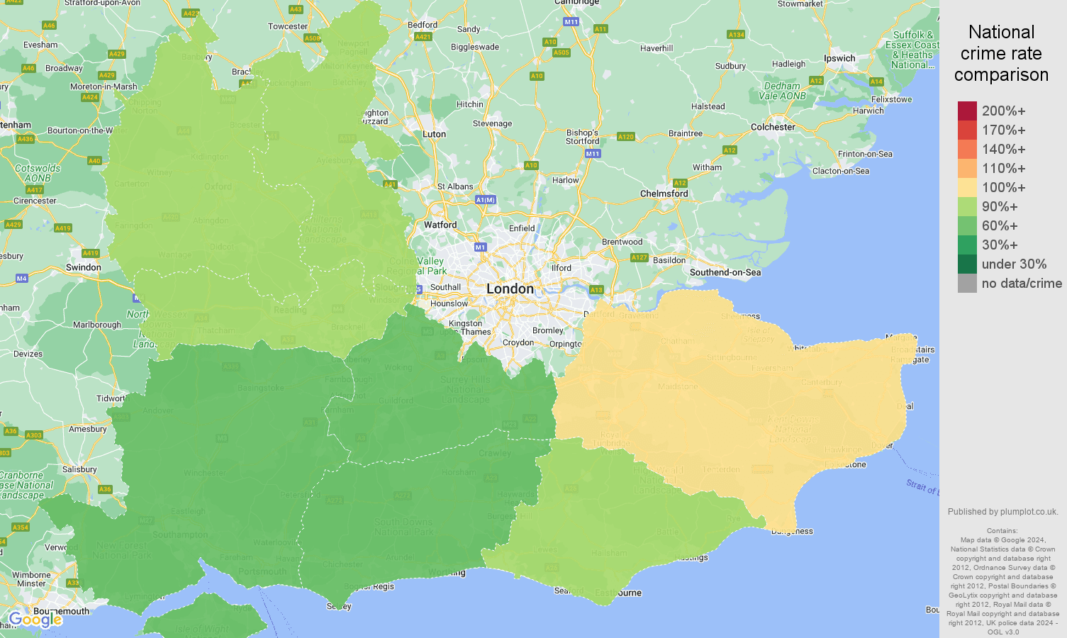 South East other theft crime rate comparison map
