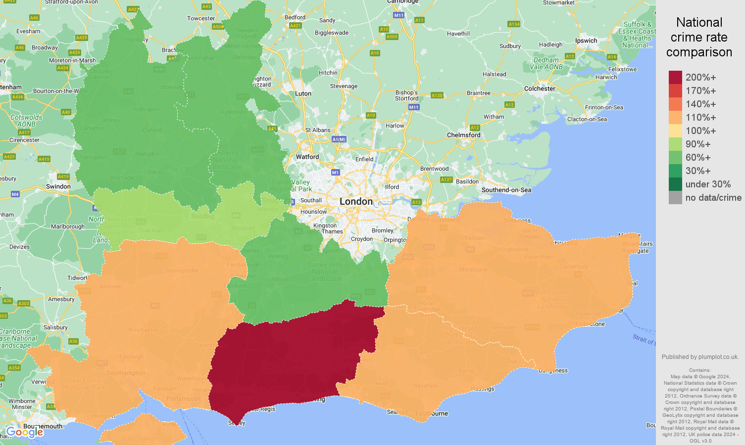 South East possession of weapons crime rate comparison map
