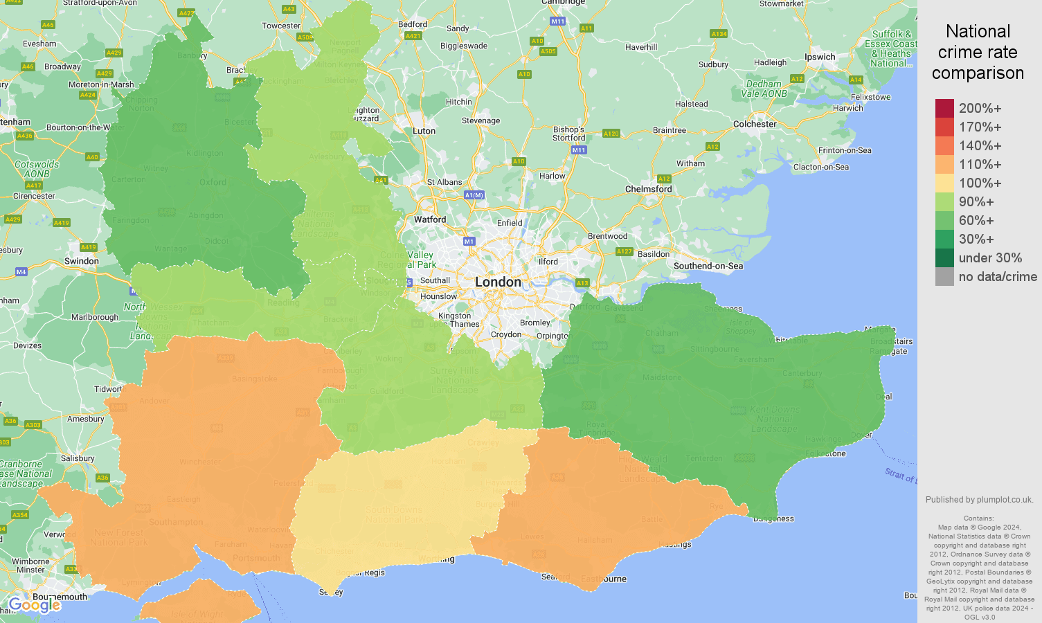 South East public order crime rate comparison map