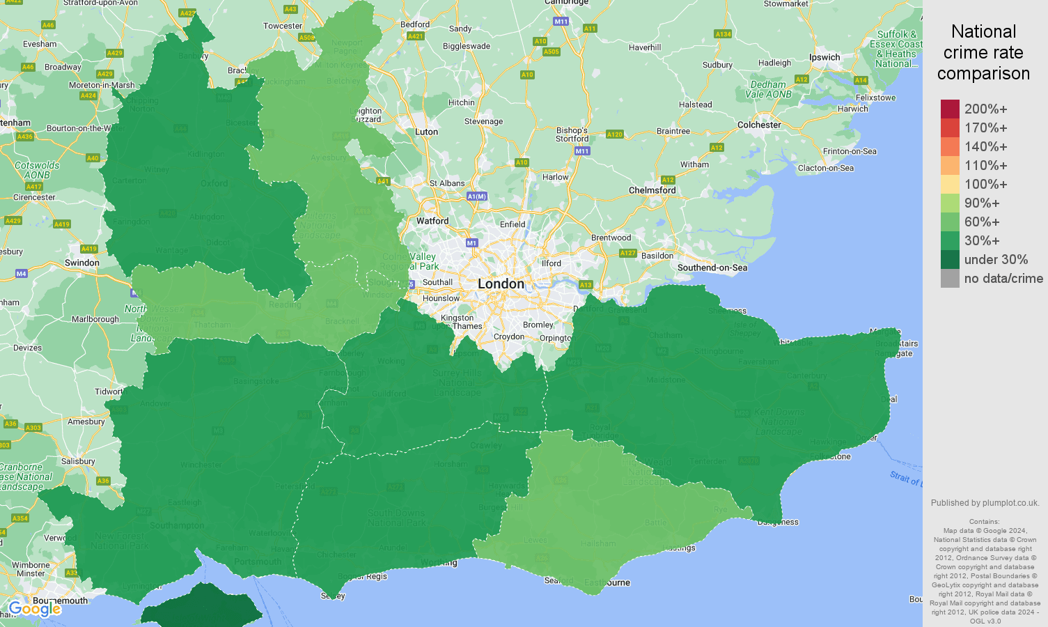 South East robbery crime rate comparison map