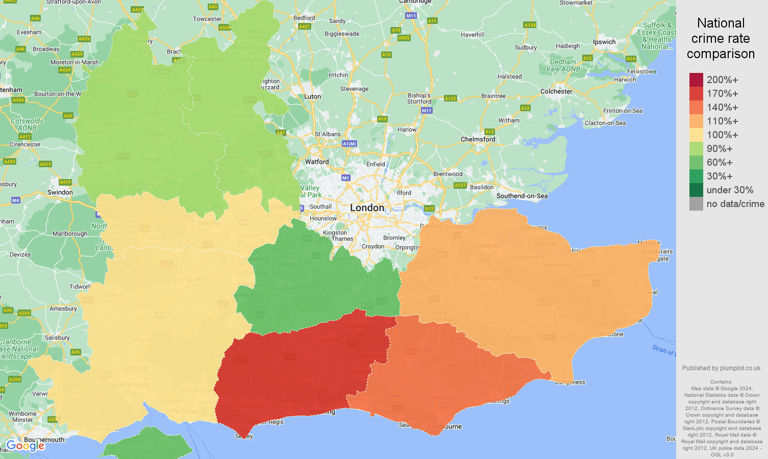 South East shoplifting crime rate comparison map